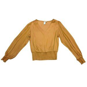Joie Mustard Yellow V-Neck Blouse Womens S Long Sleeve Smocked Waist NWOT